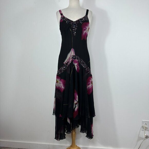 Midnight Velvet Black Asymmetrical Beaded Fairycore Whimsigoth Midi Dress Sz M - Picture 2 of 16